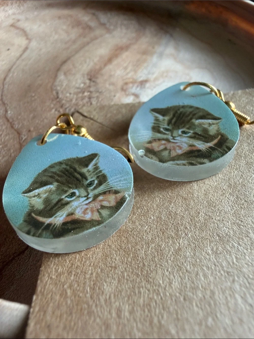 Handmade Blue Kitten Teardrop Cat Earrings - Handmade
